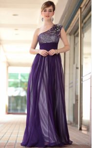 Inexpensive Purple One Shoulder Neckline Beading and Appliques Mother Of The Bride Dress Sleeveless Side Zipper