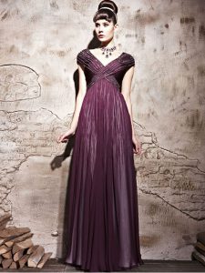 New Style Purple V-neck Side Zipper Beading and Ruching Cap Sleeves