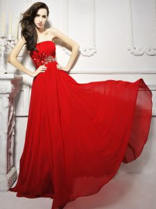 Perfect Red Lace Up Mother Of The Bride Dress Beading and Ruching Sleeveless With Brush Train