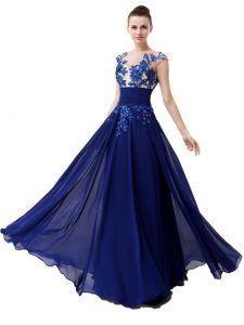 Modest Column/Sheath Mother Of The Bride Dress Blue High-neck Chiffon Cap Sleeves Floor Length Zipper