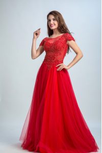 Red Zipper Bateau Lace Mother Of The Bride Dress Tulle Cap Sleeves