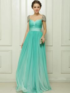 Turquoise Chiffon Zipper Cap Sleeves Beading and Ruching