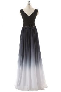 Exceptional Black V-neck Lace Up Ruching and Belt Evening Dress Sleeveless