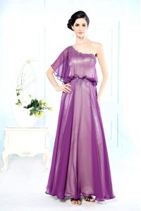 One Shoulder Half Sleeves Chiffon Mother Of The Bride Dress Beading Side Zipper