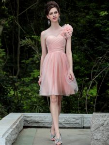 Low Price Peach Column/Sheath One Shoulder Sleeveless Tulle Knee Length Side Zipper Beading and Hand Made Flower Mother Of The Bride Dress