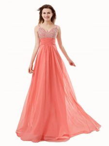 Best Watermelon Red Chiffon Side Zipper Prom Evening Gown Sleeveless Floor Length Beading