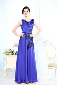 Dramatic Blue Column/Sheath Satin Scoop Sleeveless Appliques Floor Length Backless Mother Of The Bride Dress