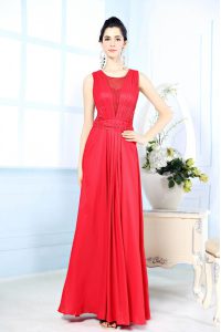 Luxury Scoop Red Column/Sheath Ruching Evening Dress Zipper Chiffon Sleeveless Floor Length