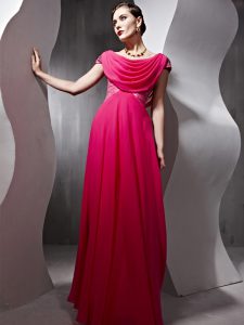 Graceful Hot Pink Side Zipper Scoop Beading and Ruching Chiffon Cap Sleeves