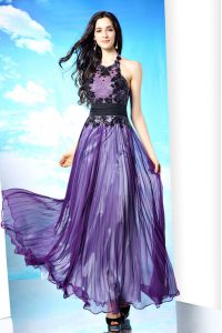Captivating Purple Chiffon Zipper Halter Top Sleeveless Floor Length Dress for Prom Lace