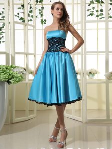 Baby Blue Satin Zipper Strapless Sleeveless Tea Length Mother Of The Bride Dress Lace