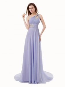One Shoulder Chiffon Sleeveless Floor Length Mother Of The Bride Dress Brush Train and Beading