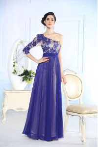 Empire Dress for Prom Blue One Shoulder Chiffon Long Sleeves Floor Length Side Zipper