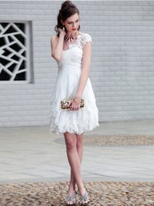 Fine One Shoulder White Zipper Mother of the Bride Dress Lace and Ruffles Sleeveless Mini Length
