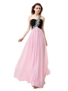 Modern Empire Mother Of The Bride Dress Pink And Black One Shoulder Chiffon Sleeveless Floor Length Zipper