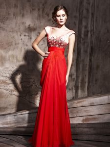 Coral Red V-neck Backless Beading Dress for Prom Cap Sleeves