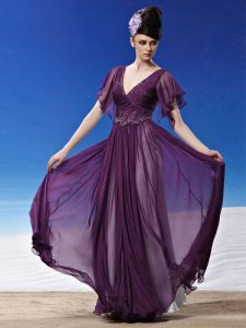 Pretty Dark Purple Short Sleeves Beading and Ruching Ankle Length Mother Of The Bride Dress