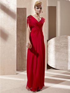 Best Selling Organza V-neck Short Sleeves Side Zipper Beading and Ruching Mother Of The Bride Dress in Red