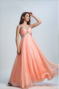 Floor Length Orange Prom Party Dress Organza Sleeveless Beading