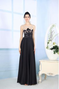 Fitting Scoop Black Zipper Prom Dress Beading Sleeveless Floor Length