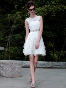 White Empire Organza Scoop Sleeveless Beading and Belt Mini Length Zipper Mother of the Bride Dress