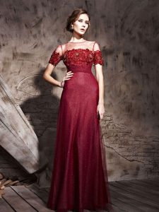 Fashionable Burgundy Mother Of The Bride Dress Prom and Party and For with Beading Scoop Short Sleeves Zipper