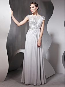 Cap Sleeves Side Zipper Floor Length Appliques and Ruching Mother Of The Bride Dress