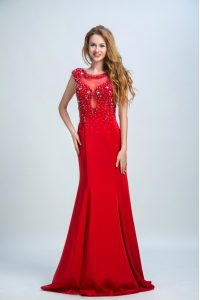 Mermaid Scoop Chiffon Sleeveless With Train Prom Dresses Brush Train and Beading