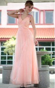 Baby Pink Sleeveless Beading Floor Length