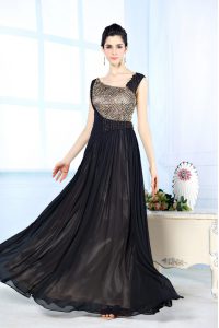 Floor Length Side Zipper Prom Gown Black for Prom and Party with Beading