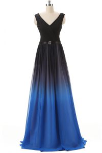 Blue And Black Mother Of The Bride Dress Chiffon Brush Train Sleeveless Beading