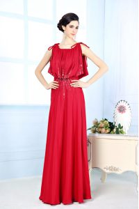 Scoop Sleeveless Homecoming Dress Floor Length Beading Red Satin