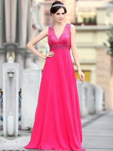 Sequins Hot Pink Sleeveless Chiffon Brush Train Zipper Prom Evening Gown for Prom and Party