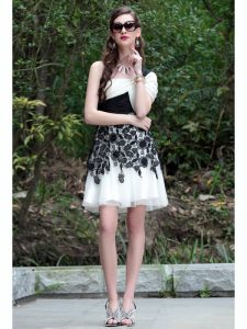 One Shoulder Lace Mother of the Bride Dress White And Black Criss Cross Sleeveless Knee Length