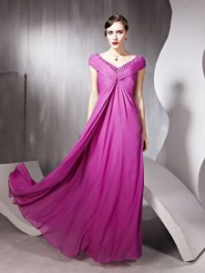Hot Sale Rose Pink Empire Tulle V-neck Cap Sleeves Beading and Ruching Floor Length Zipper Prom Dresses