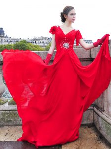 Cap Sleeves Chiffon With Brush Train Lace Up in Red with Beading and Ruching