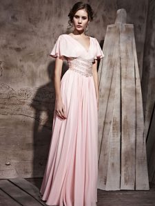 Floor Length Column/Sheath Short Sleeves Pink Mother Of The Bride Dress Side Zipper