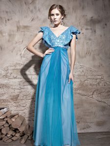 Most Popular Cap Sleeves Zipper Floor Length Sequins Prom Party Dress