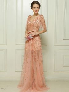 Romantic Cap Sleeves With Train Beading and Appliques Zipper Mother Of The Bride Dress with Peach Brush Train