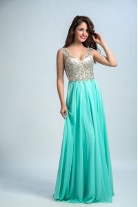 Hot Sale Beading and Appliques Mother Of The Bride Dress Aqua Blue Zipper Sleeveless Floor Length