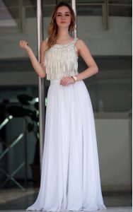 Best Selling Satin Straps Sleeveless Zipper Beading Mother Of The Bride Dress in White