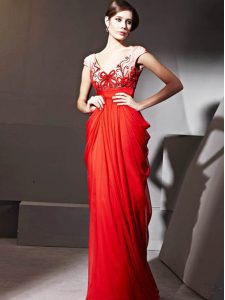 Cap Sleeves Floor Length Beading and Appliques and Ruching Zipper Mother Of The Bride Dress with Red