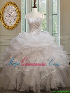 White Ball Gowns Organza Sweetheart Sleeveless Beading and Ruffles and Pick Ups Floor Length Lace Up Vestidos de Quinceanera
