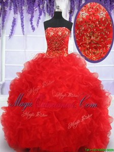 Enchanting Organza Strapless Sleeveless Lace Up Beading and Embroidery and Ruffles Sweet 16 Quinceanera Dress in Red