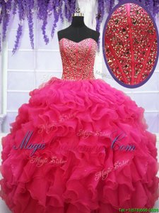 Hot Pink Lace Up Vestidos de Quinceanera Beading and Ruffles Sleeveless Floor Length