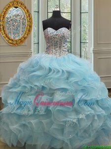 Organza Sweetheart Sleeveless Lace Up Beading and Ruffles and Sequins Sweet 16 Dress in Light Blue