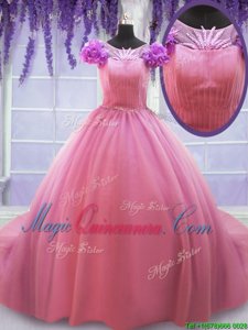 Scoop Court Train Rose Pink Cap Sleeves Beading and Hand Made Flower Lace Up 15 Quinceanera Dress