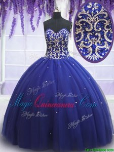 Admirable Sequins Royal Blue Sleeveless Tulle Lace Up Sweet 16 Dresses for Military Ball and Sweet 16 and Quinceanera