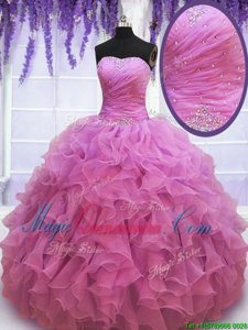 Lilac Organza Lace Up Quince Ball Gowns Sleeveless Floor Length Beading and Ruffles