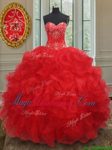 Wonderful Red Quince Ball Gowns Military Ball and Sweet 16 and Quinceanera and For with Beading and Ruffles Sweetheart Sleeveless Lace Up